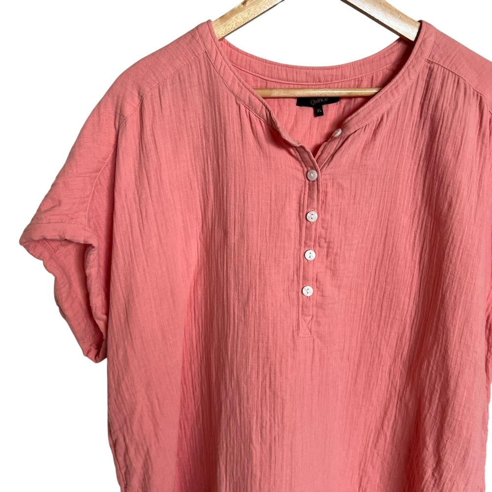 Quince 100% Organic Cotton Gauze Roll Sleeve Shirt Coral Blush SZ XL Coastal - Picture 3 of 8
